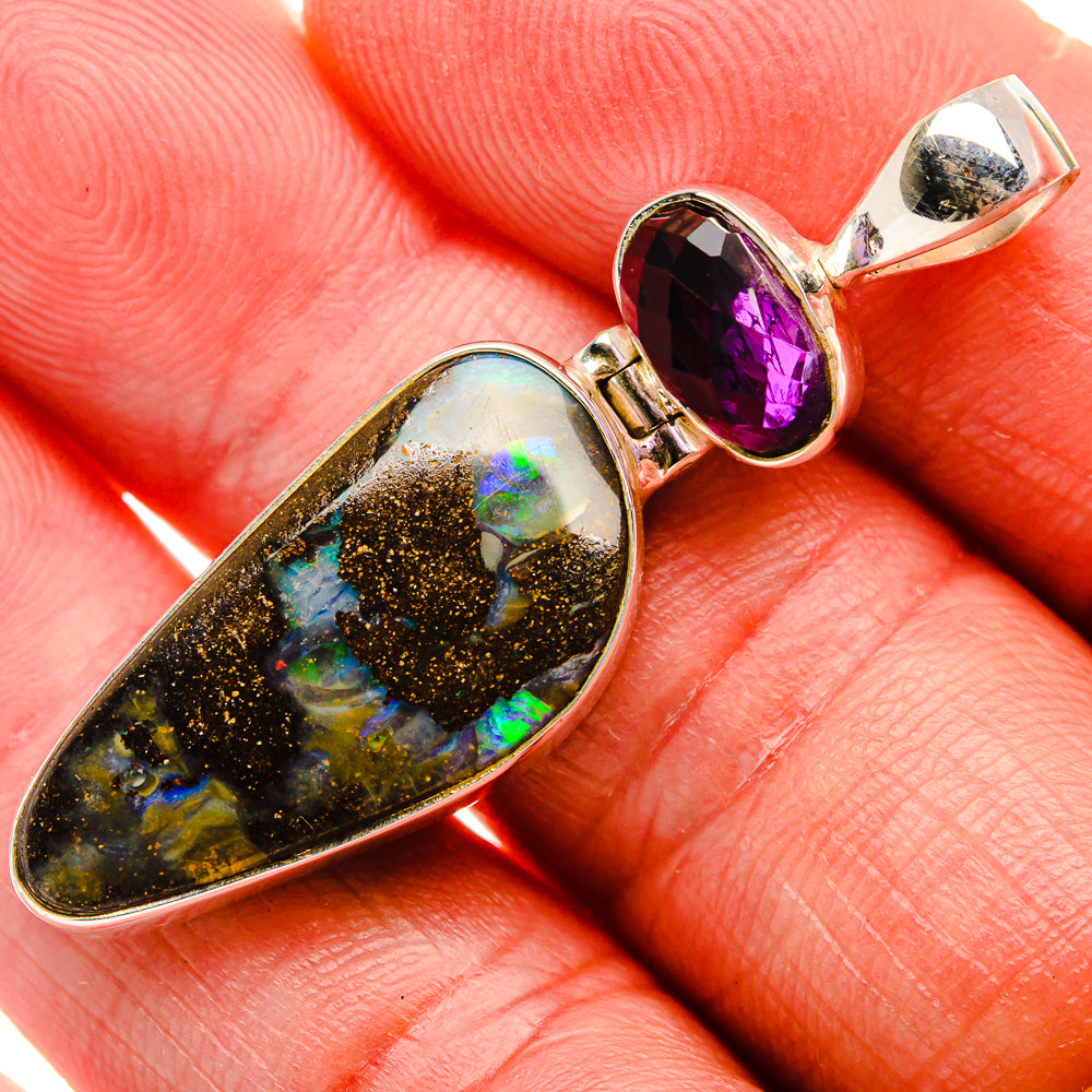 Amethyst and opal boulder pendant in 925 sterling silver, oval stones with prong setting