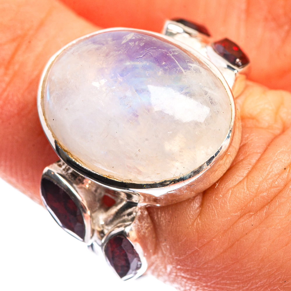 Rainbow Moonstone, Garnet 925 Sterling Silver Ring Size 6