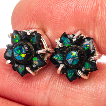 Rare Opal Black Onyx Flower Earrings 1/2" (925 Sterling Silver) E1129
