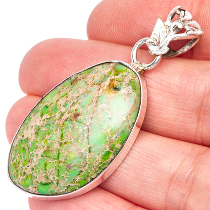 Oval green variscite pendant, 925 sterling silver bezel with ornate bail