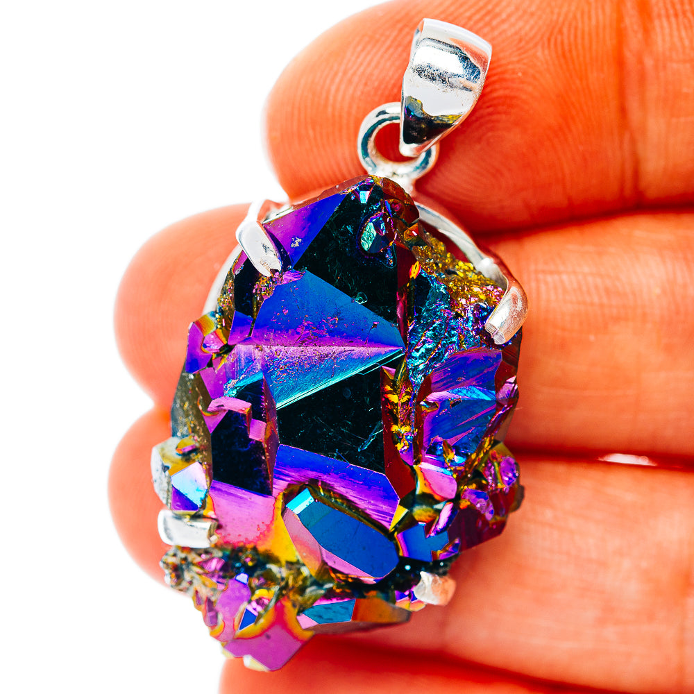 Sterling silver aura quartz pendant with multicolor faceted crystal drop