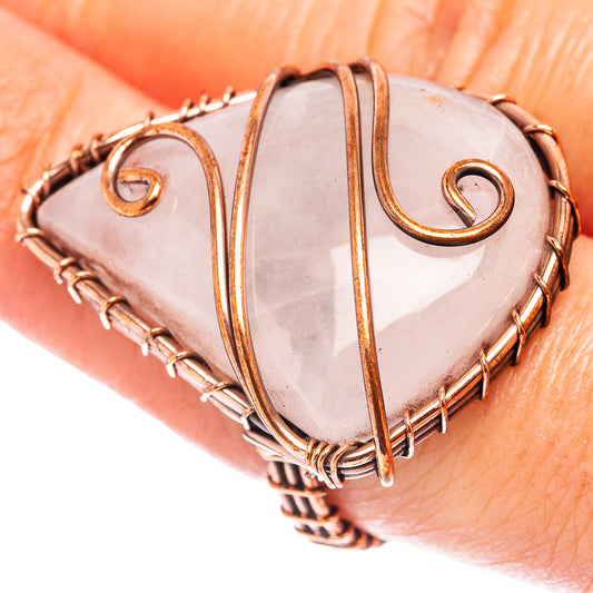 Oxidized copper wire wrap ring with rose quartz heart stone, open metal scroll details