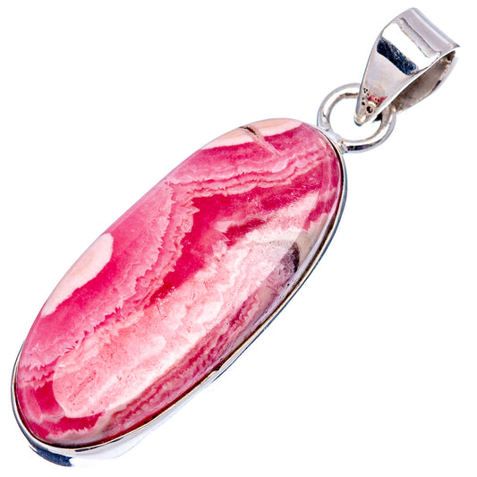 Oval pink rhodochrosite pendant with wavy white banding, .925 sterling silver setting