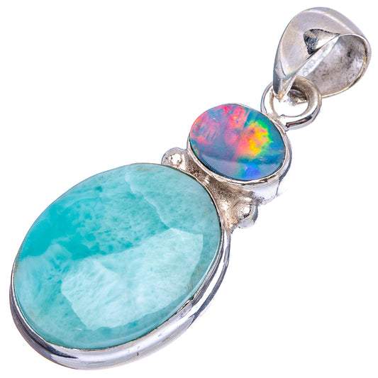 Sterling silver oval pendant with light-blue stone and rainbow opal cabochon, bail