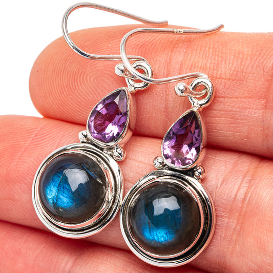 Sterling silver earrings with labradorite ovals and amethyst teardrops, blue flash