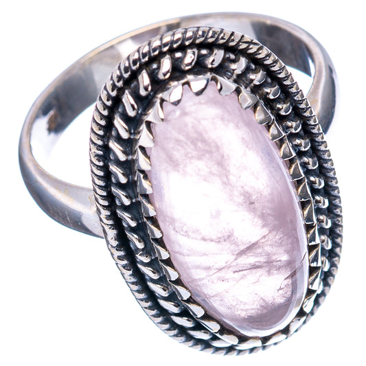Rose quartz oval gemstone ring, braided sterling silver bezel band, size 7