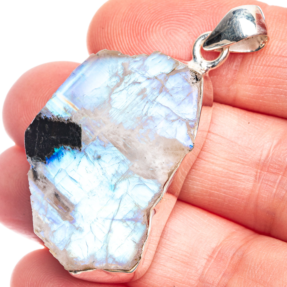 Raw Rainbow Moonstone Pendant 1 3/4" (925 Sterling Silver) P39351