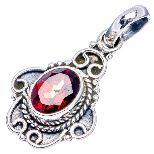 Garnet dainty sterling silver pendant with oval red gemstone and decorative filigree