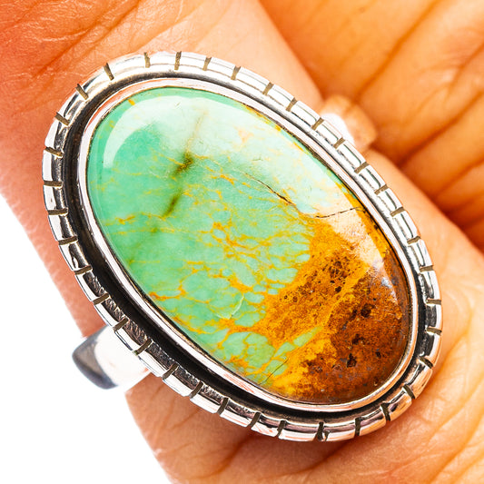 Oval turquoise stone sterling silver ring, ornate bezel, size 6