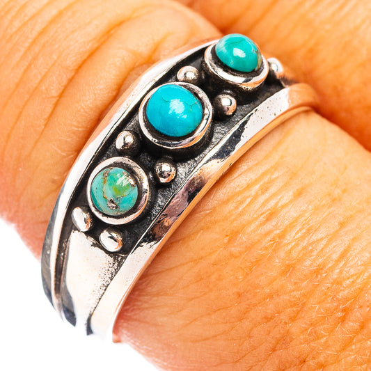 Sterling silver turquoise ring with three round cabochons, side view