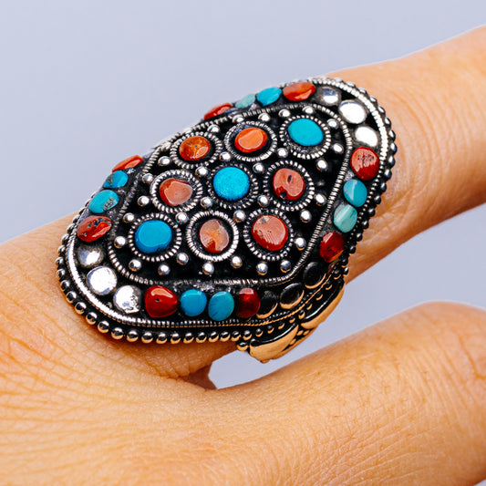 Tibetan Made Vintage Turquoise, Red Coral Ring Size 9 (.925 Sterling Silver)