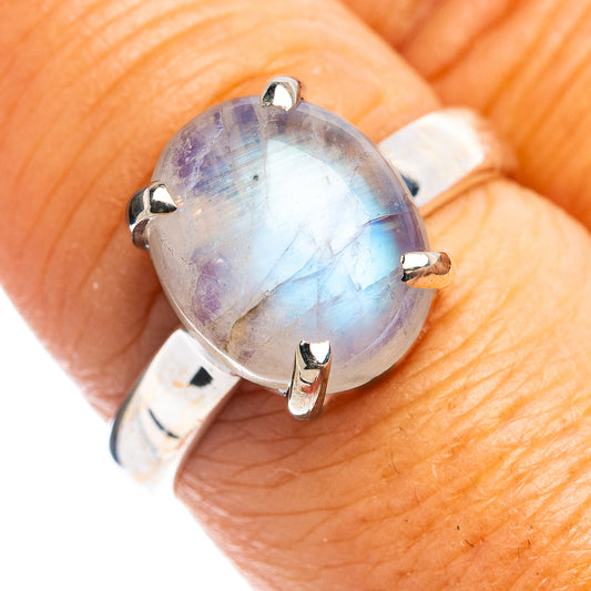 Rainbow moonstone ring in .925 sterling silver, oval rainbow stone with four-prong setting