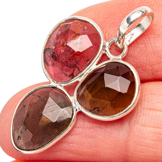 Triple oval faceted gemstone pendant in .925 sterling silver, red, dark brown, golden amber