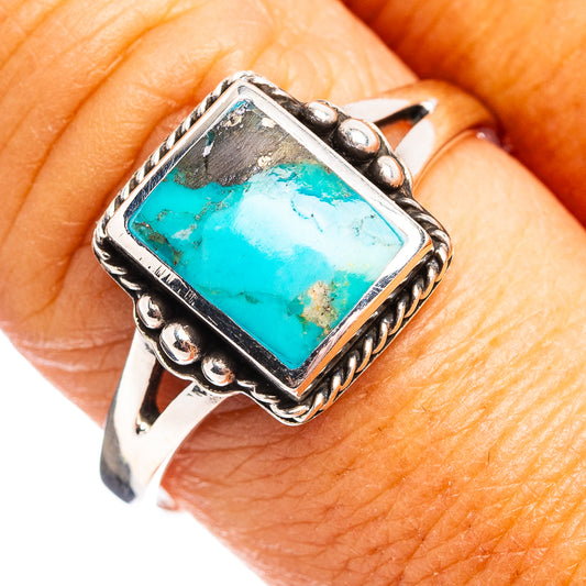 Turquoise gemstone silver ring with square bezel and decorative bead edge
