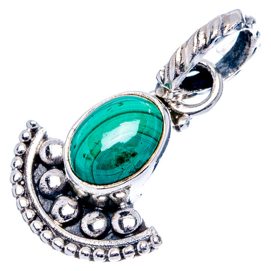 Malachite dainty pendant .925 sterling silver with oval green cabochon, bail top