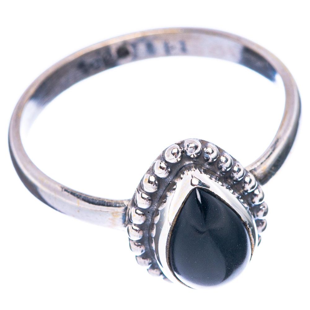 Sterling silver onyx ring with beaded side setting and black teardrop stone bezel