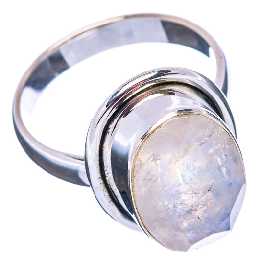 Rainbow moonstone ring in polished .925 sterling silver, side view with oval setting