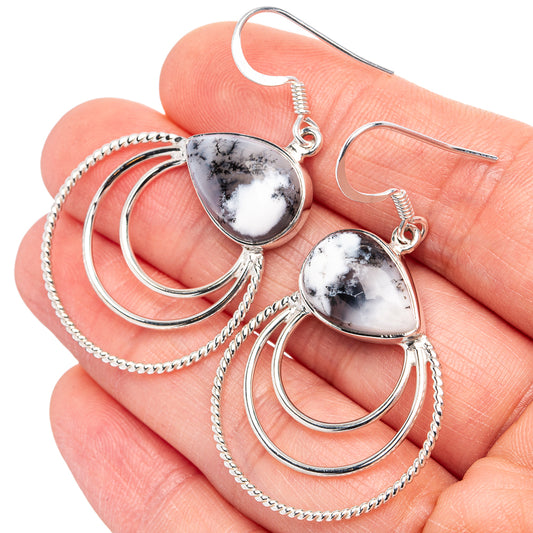 Sterling silver dendritic agate drop earrings with oval stones and layered hoop loops