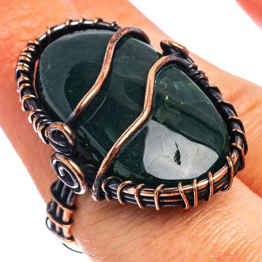 Oxidized copper wire-wrap ring with two dark green oval ocean jasper cabochons