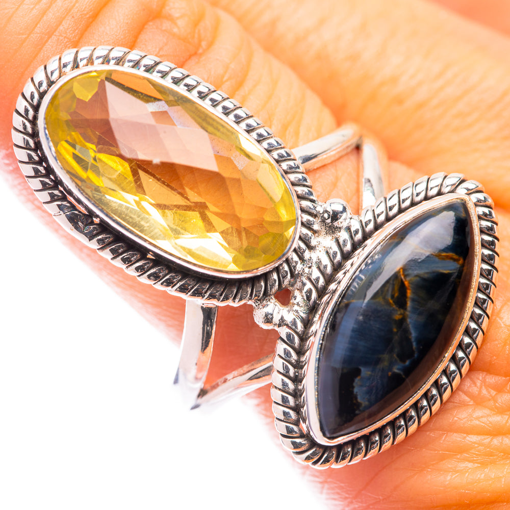 Sterling silver oval lemon-yellow and dark-blue gemstone ring, size 10.75