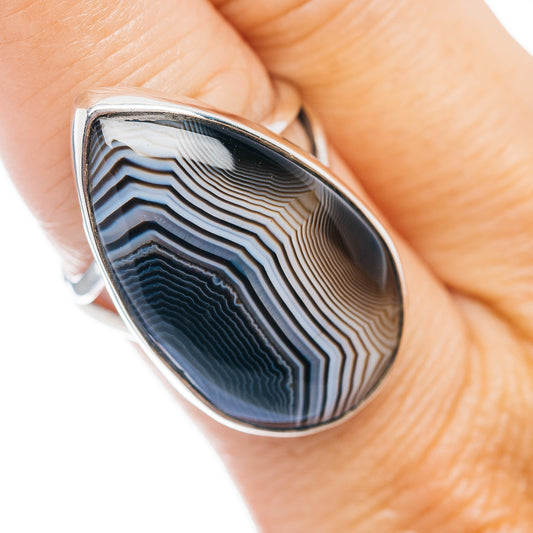 Sterling silver agate ring with teardrop dark striped cabochon, bezel setting