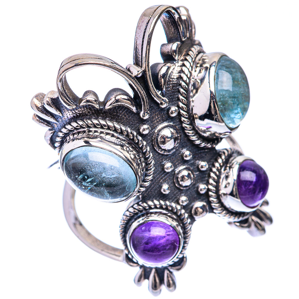 Sterling silver statement ring with oval aquamarine and amethyst stones