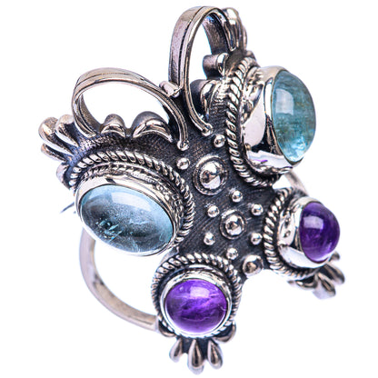 Sterling silver statement ring with oval aquamarine and amethyst stones