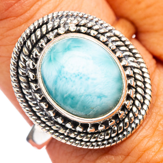 Larimar oval cabochon sterling silver ring with rope bezel, size 10