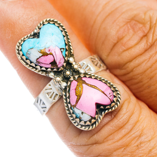 Southwestern heart turquoise and pink gemstone ring with braided silver border