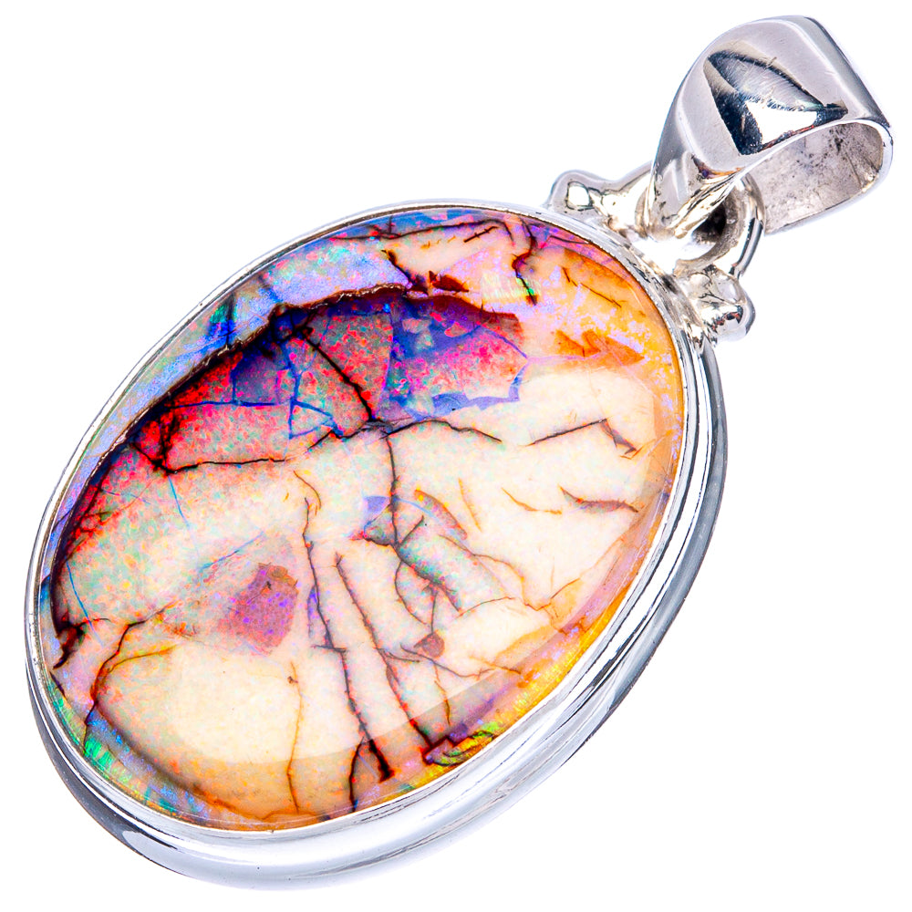 Sterling silver oval opal pendant with vivid blue-red-yellow stone in bezel frame