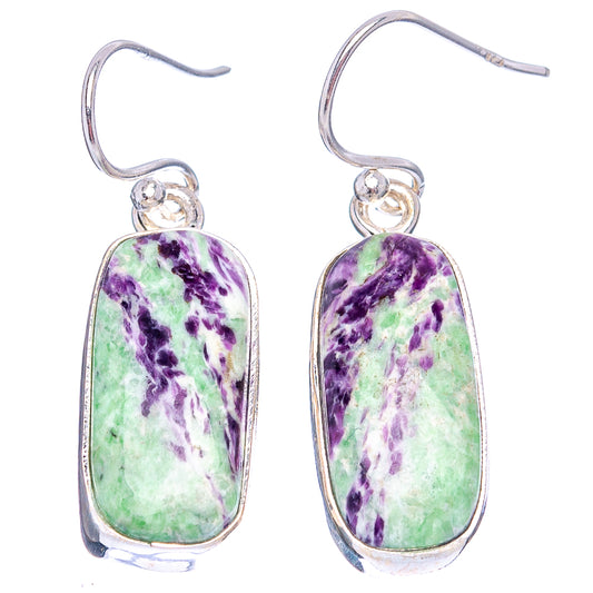 Sterling silver dangle earrings with oval purple-and-green stone drops