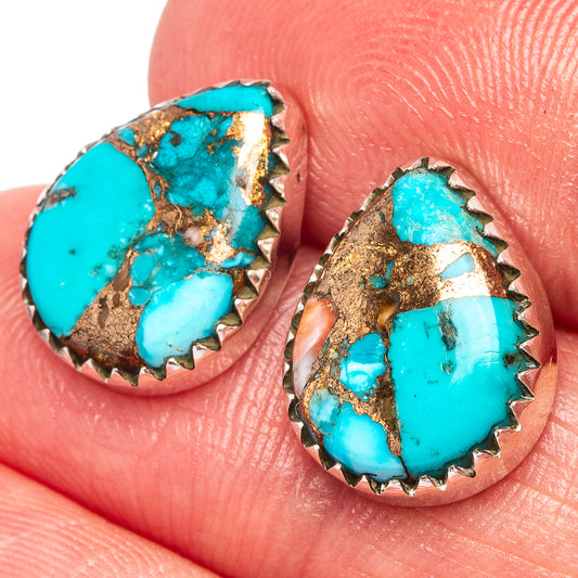 Turquoise and copper teardrop earrings, .925 sterling silver with serrated bezel