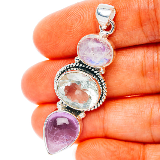 Premium Multi-Gem Green Amethyst, Rainbow Moonstone, Amethyst Pendant 2" (.925 Sterling Silver)