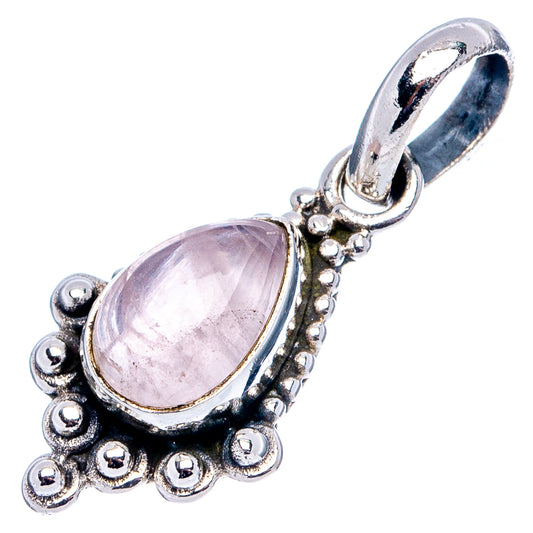 Rose quartz dainty pendant in .925 sterling silver, oval light-pink stone with beaded border
