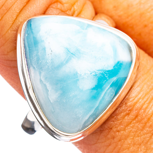 Sterling silver Larimar ring with oval blue stone bezel, size 11