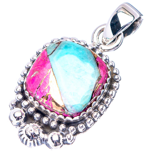 Turquoise teardrop pendant in ornate sterling silver with pink accents along edges