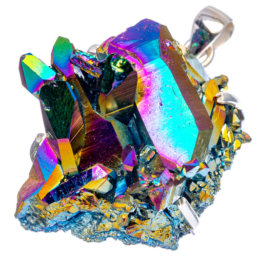Sterling silver pendant with large rainbow aura quartz crystal cluster and top bail