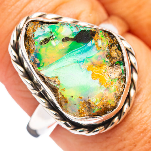 Oval opal cabochon ring in .925 sterling silver, green-blue stone with speckled texture
