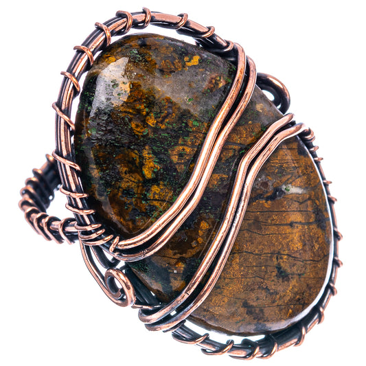 Oxidized copper wire wrap ring with two oval dark green-brown agate cabochons