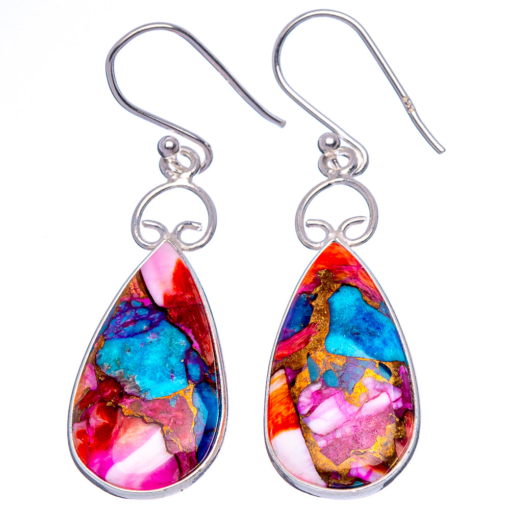Sterling silver teardrop earrings with multicolor turquoise, pink, and red marbled stones