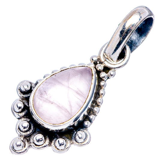 Rose quartz pendant in .925 sterling silver with pear-drop pink stone and bead border