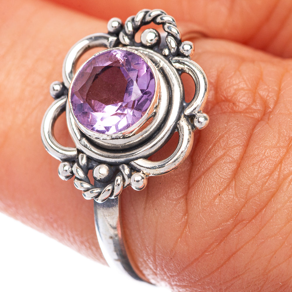 Sterling silver amethyst dainty ring with oval purple gemstone and ornate halo setting