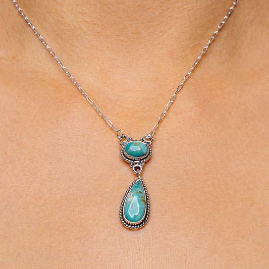 Turquoise pendant necklace with oval and teardrop stones on .925 silver chain