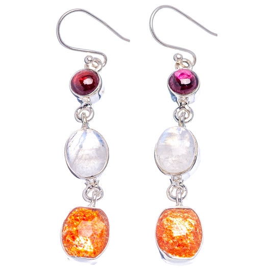 925 sterling silver drop earrings with magenta top, moonstone, and orange sunstone dangles