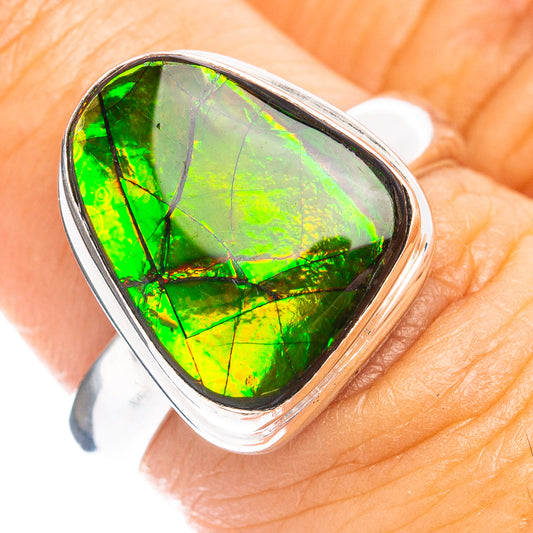 Sterling silver ring with teardrop ammolite gemstone, vivid green and rainbow iridescence