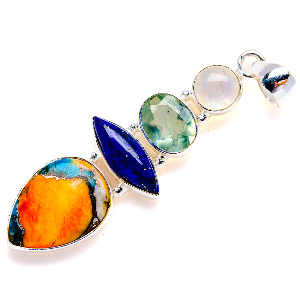 Spiny Oyster Turquoise, Lapis Lazuli, Aquamarine, Rainbow Moonstone Pendant 2 1/4" (925 Sterling Silver) PD38153