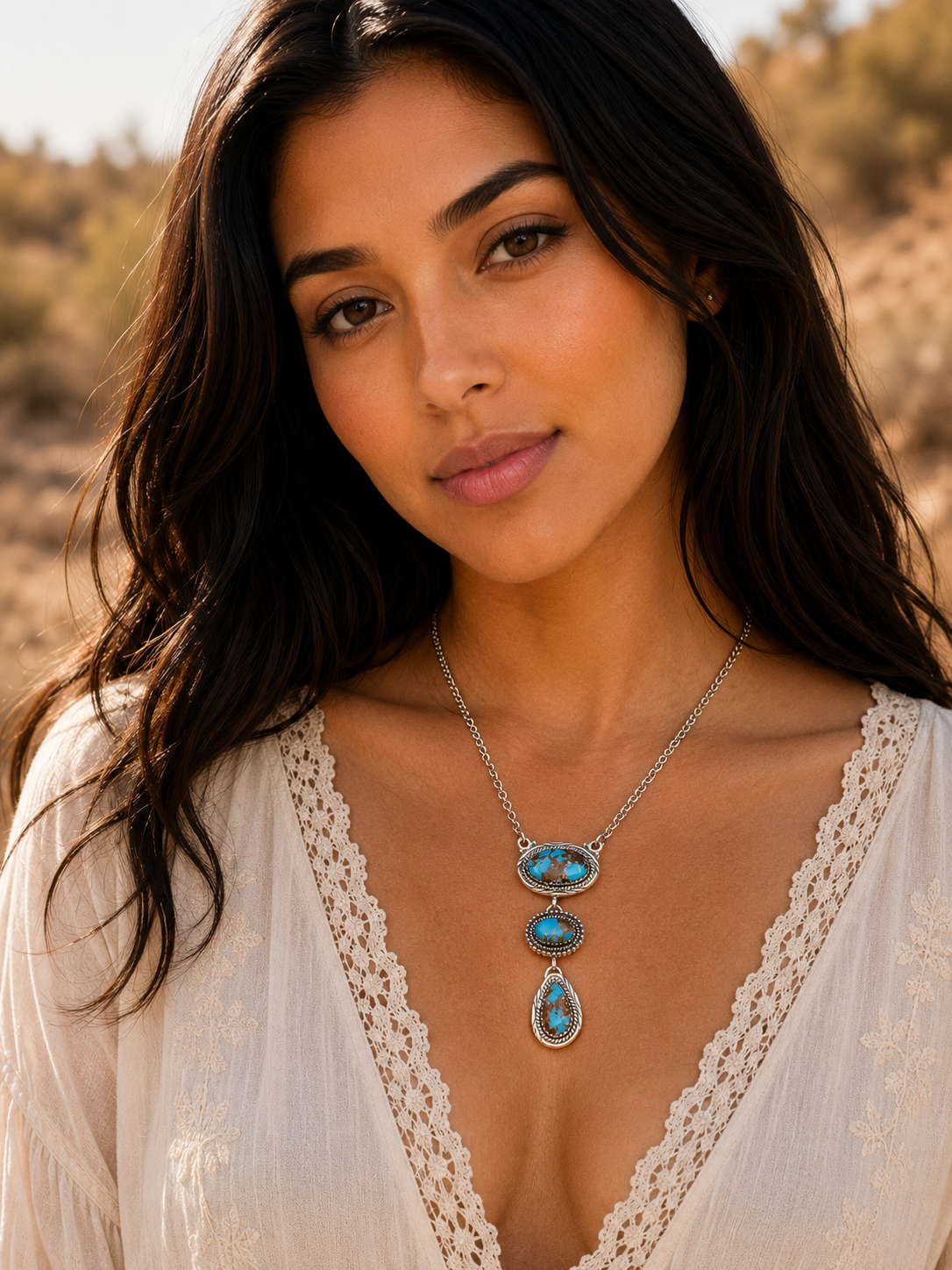 Southwestern Style Golden Hills Turquoise Necklace 17 to 19" (.925 Sterling Silver)