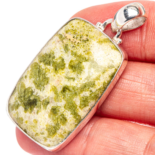 Lizardite pendant, rectangular green-yellow stone bezel set in .925 sterling silver