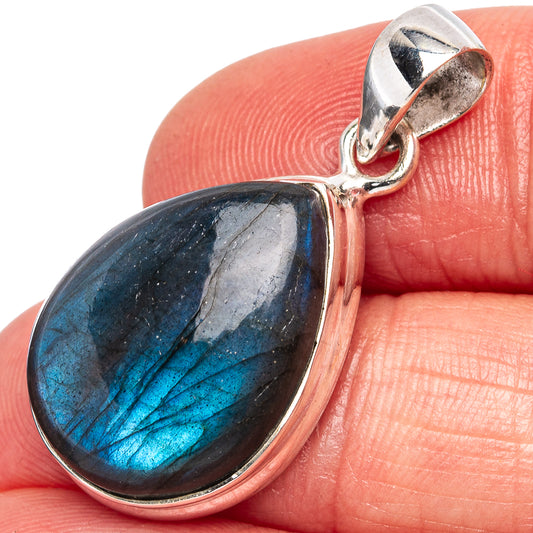 Teardrop labradorite pendant in .925 sterling silver with bright blue flash, close-up