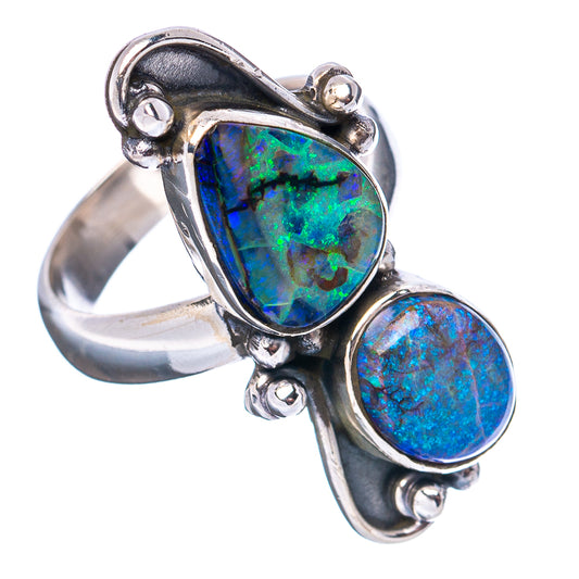 Sterling silver opal ring, teal-green pear stone and round blue stone, adjustable
